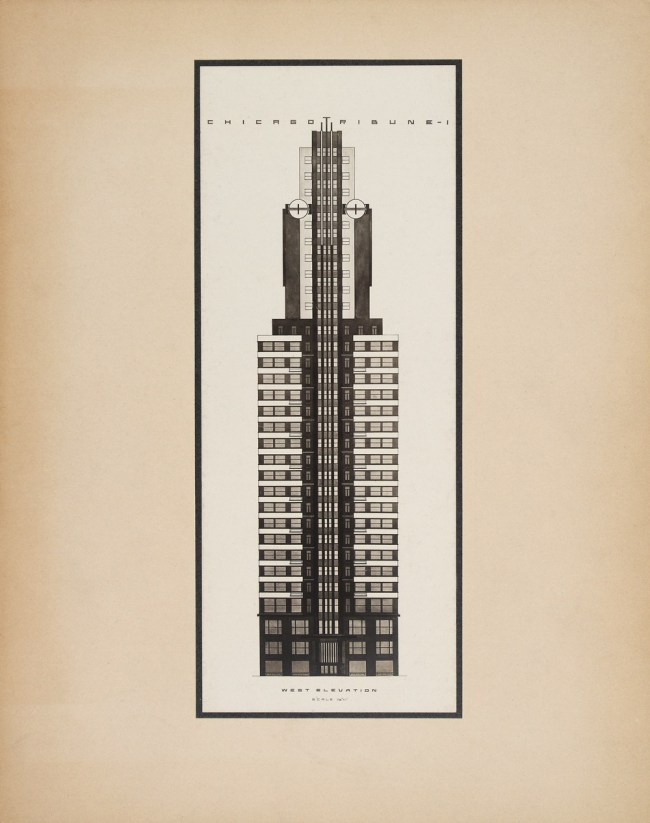 Knud Lonberg-Holm (Danish, 1895-1972) 'Design for the Chicago Tribune Tower Competition' West elevation 1922