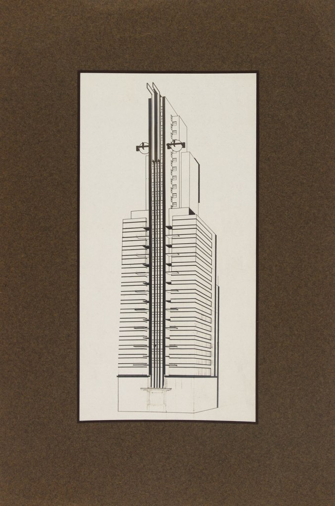 Knud Lonberg-Holm. 'Design for the Chicago Tribune Tower Competition' West view axonometric 1922