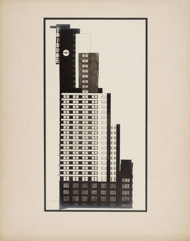 Knud Lonberg-Holm (Danish, 1895-1972) 'Design for the Chicago Tribune Tower Competition' Side elevation with Tribune sign visible 1922