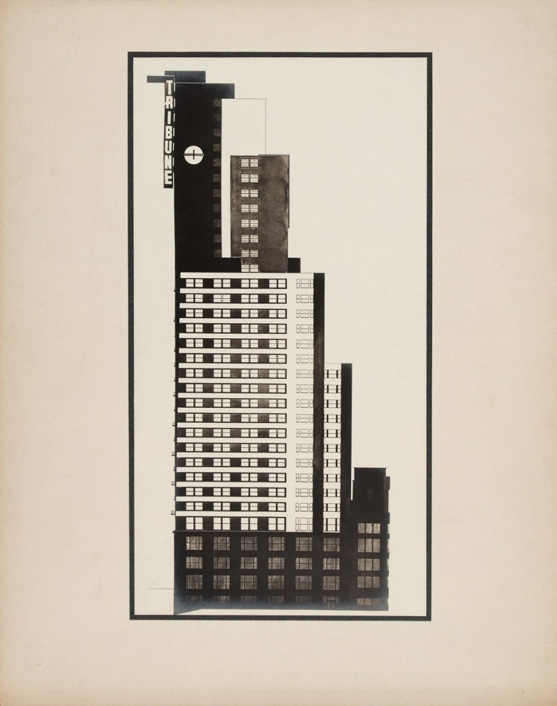 Knud Lonberg-Holm (Danish, 1895-1972) 'Design for the Chicago Tribune Tower Competition' Side elevation with Tribune sign visible 1922 Knud Lonberg-Holm (Danish, 1895-1972) 'Design for the Chicago Tribune Tower Competition' Side elevation with Tribune sign visible 1922