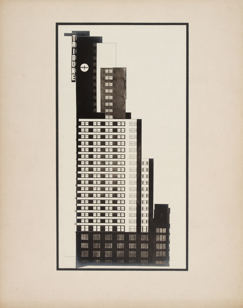 Knud Lonberg-Holm. 'Design for the Chicago Tribune Tower Competition' Side elevation with Tribune sign visible 1922