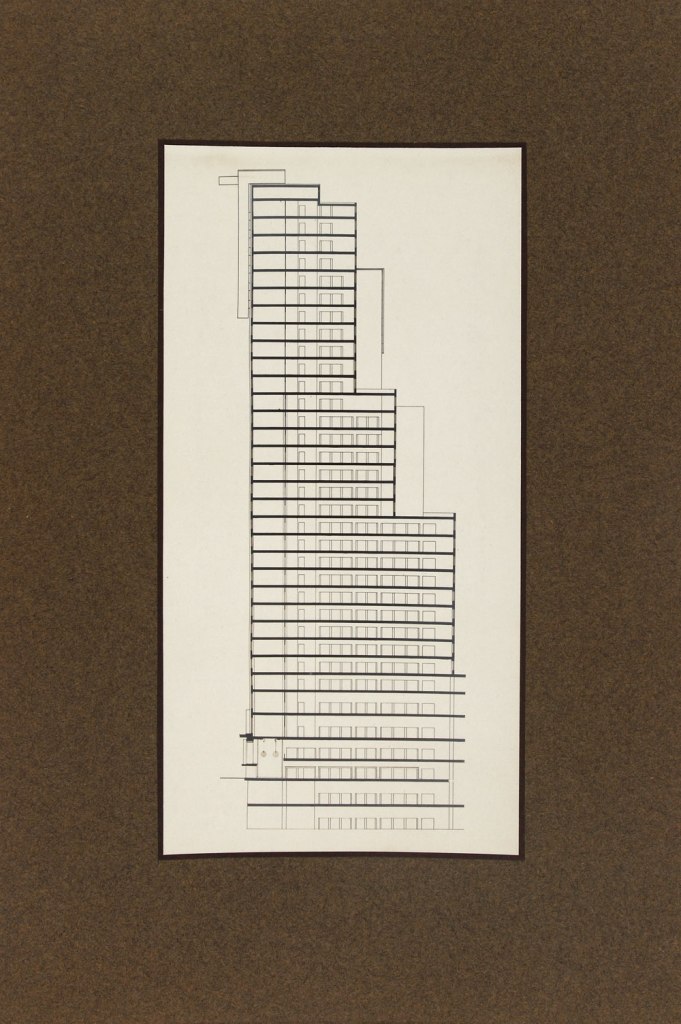 Knud Lonberg-Holm (Danish, 1895-1972) 'Design for the Chicago Tribune Tower Competition' Preliminary side elevation 1922 Knud Lonberg-Holm (Danish, 1895-1972) 'Design for the Chicago Tribune Tower Competition' Preliminary side elevation 1922