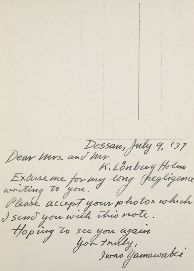 Note from Iwao Yamawaki to Knud Lonberg-Holm Dessau, July 9, 1931