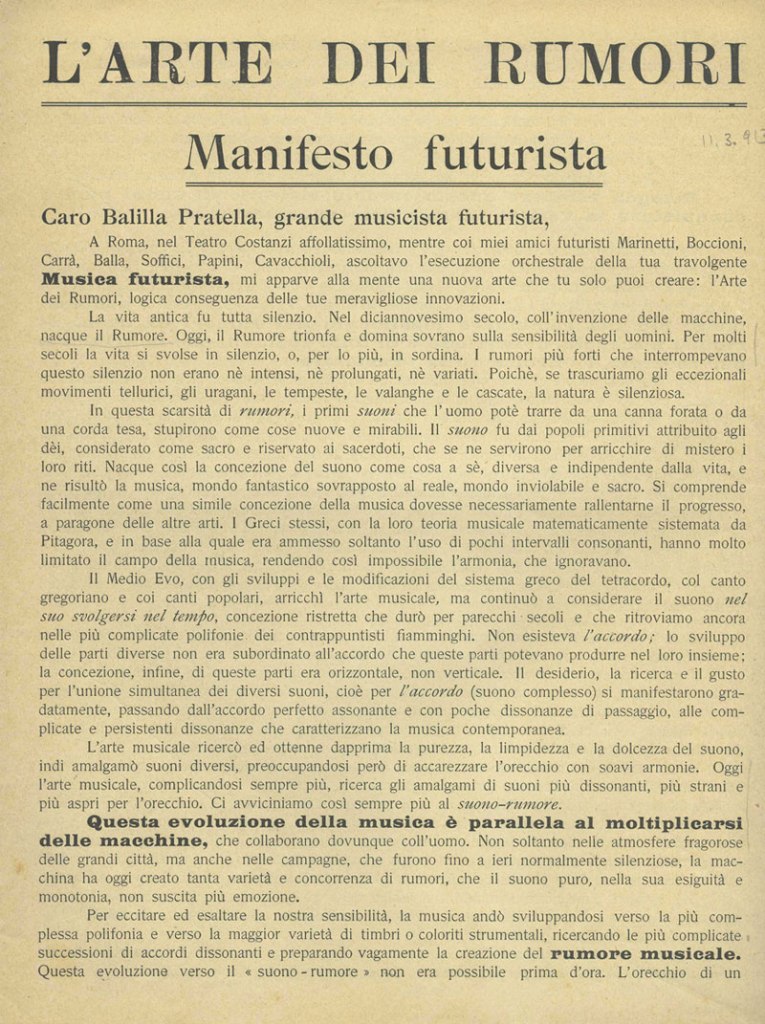 Luigi Russolo (Italian, 1885-1947) "The Art of Noises: Futurist Manifesto" ("L'arte dei rumori: Manifesto futurista") Leaflet (Milan: Direzione del Movimento Futurista, 1913)