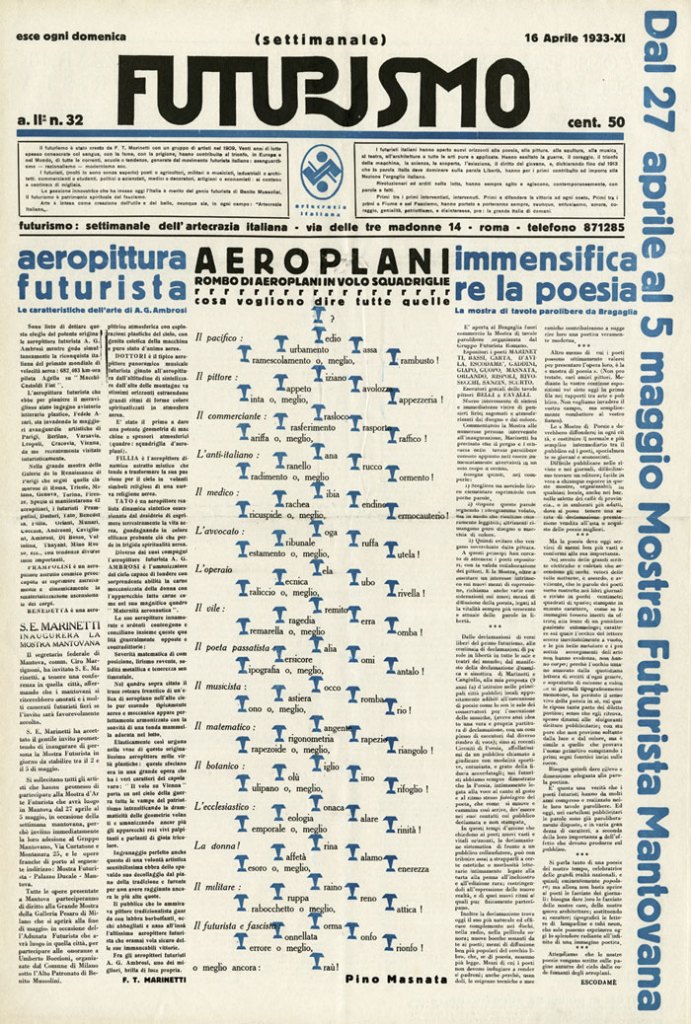 Mino Somenzi, ed., with words-in-freedom image Airplanes (Aeroplani) by Pino Masnata. 'Futurismo 2, no. 32' (Apr. 16, 1933) Journal (Rome, 1933)