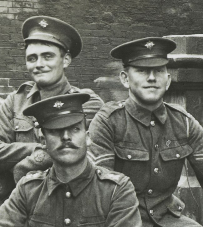 Christina Bloom (British, 1862-1939) 'Captain Greer of the 1st Irish Guards and his machine gun team group together for this rather formal photograph, just prior to leaving for the war' Nd (detail)