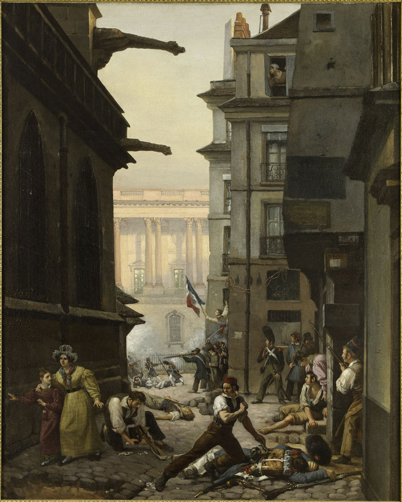 Paul Carpentier (French, 1787-1877) 'Episode du 29 juillet 1830, rue Chilperic, face á la colonnade du Louvre' (Event of 29 July 1830, rue Chilperic, before the colonnade of the Louvre) 1830
