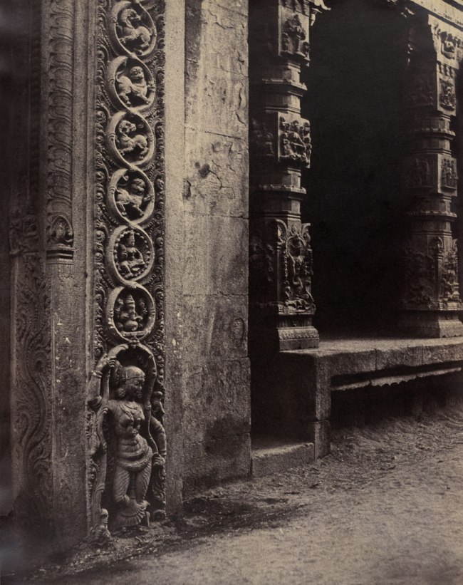 Linnaeus Tripe (British, 1822-1902) 'Madura: Pillars in the Recessed Portico in the Raya Gopurum, with the Base of One of the Four Sculpted Monoliths, January - February 1858' 1858
