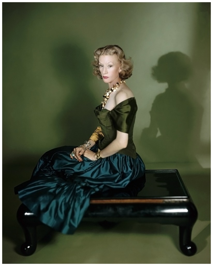 Horst P. Horst (German-American, 1906-1999) 'Dinner suit and headdress by Schiaparelli' 1947 'Millicent Rogers in a Charles James gown and a gold necklace of her own design' Vogue, February 1, 1949