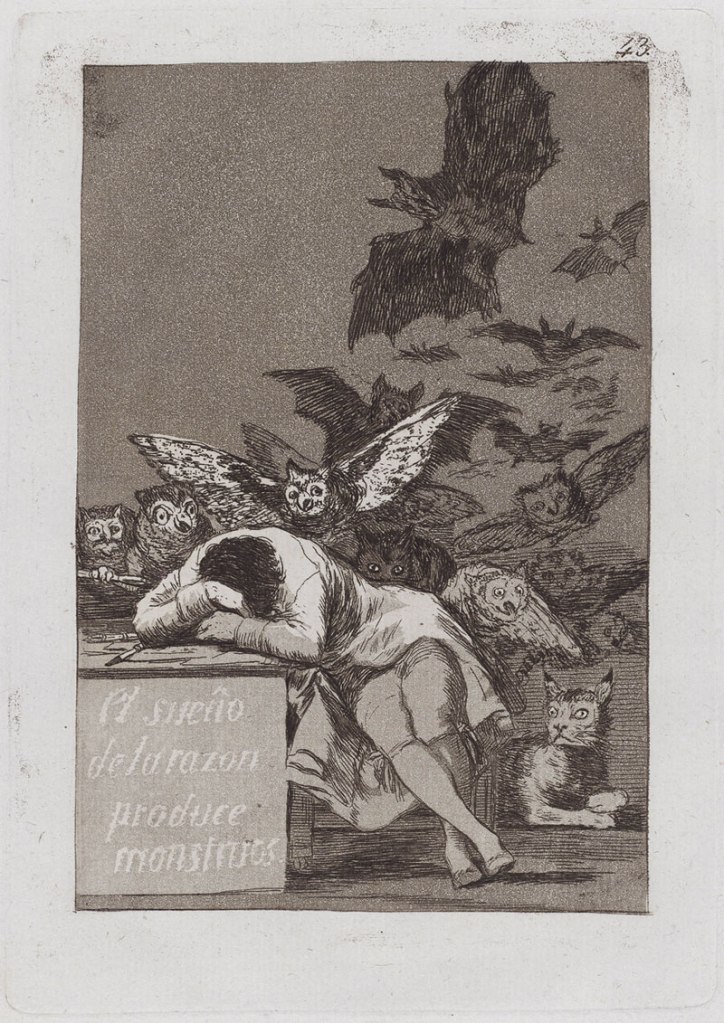 Francisco Goya (Spanish, 1746-1828) 'The Sleep of Reason Produces Monsters' (El sueño de la razon produce monstruos), Caprichos 43 1797-1799