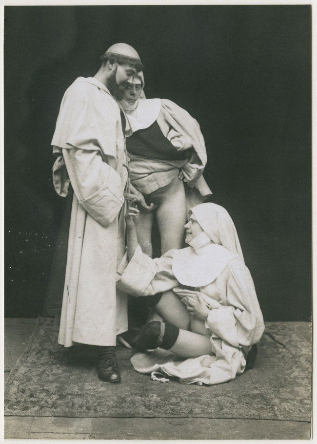 Unknown photographer. 'Group sexual encounter between a man and two women dressed in clerical costumes' 1883-1885