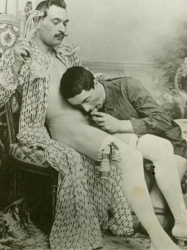 Unknown photographer (France) 'Man in robe receiving oral sex from a kneeling man' c.1890