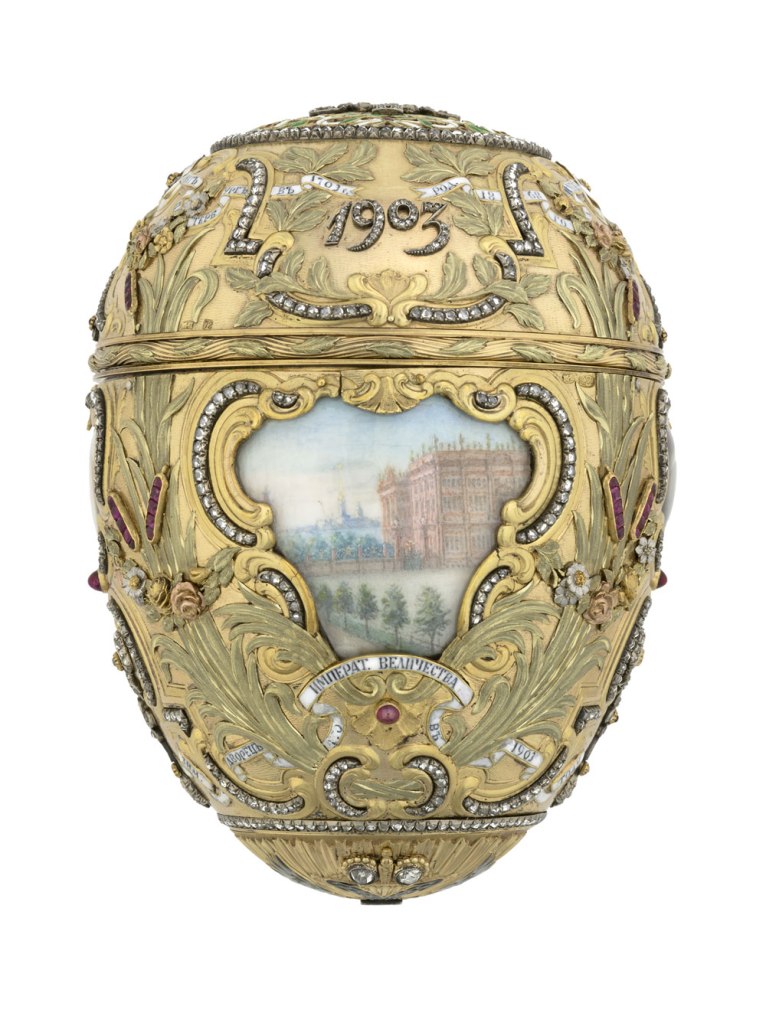 Peter Karl Fabergé (Russian, 1846-1920) Mikhail Perkhin (Russian, 1860-1903), Workmaster Vasilii Zuiev (Russian, 1870-1941), Painter of miniatures. 'Imperial Peter the Great Easter Egg'
1903
