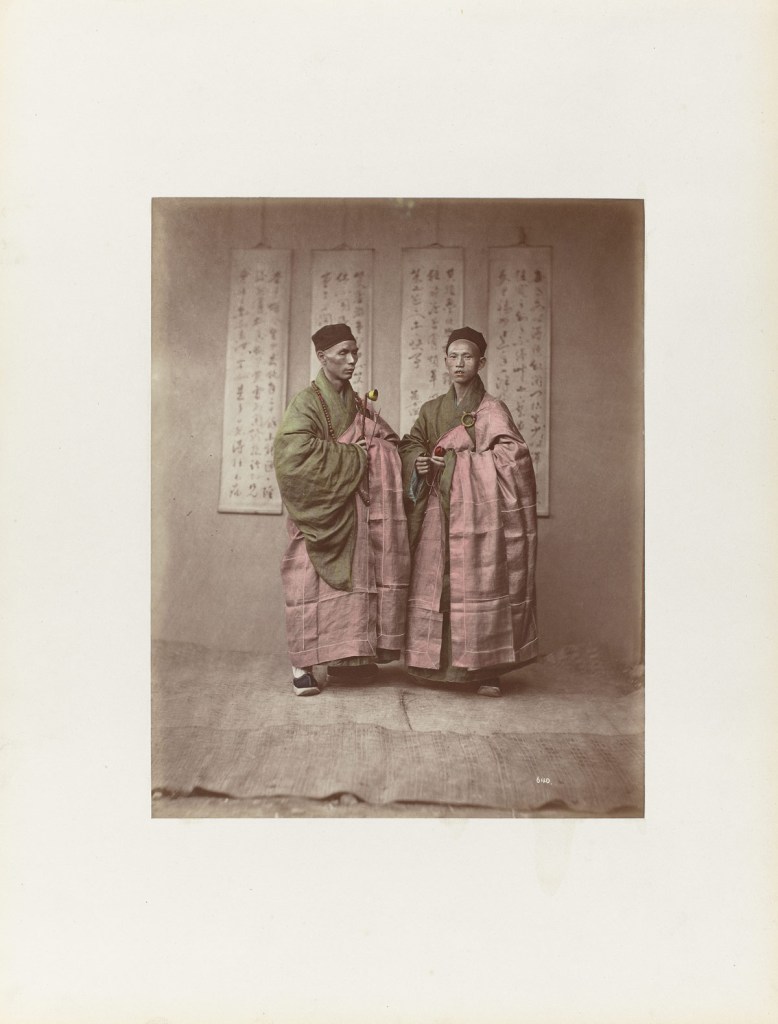 Attributed to Baron Raimund von Stillfried und Ratenitz (Austrian, 1839-1911) 'Portrait of two Chinese Buddhist monks with rosary, bell and slit drum' 1875