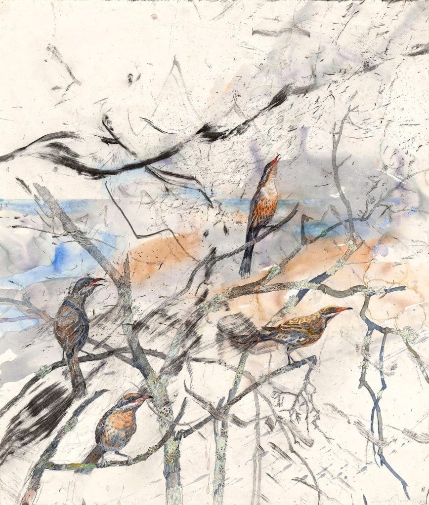 John Wolseley (Australian, b. 1938) 'After fire - spiny-cheeked honeyeaters at Lake Monibeong' 2009-2011 (detail) John Wolseley (Australian, b. 1938) 'After fire - spiny-cheeked honeyeaters at Lake Monibeong' 2009-2011 (detail)