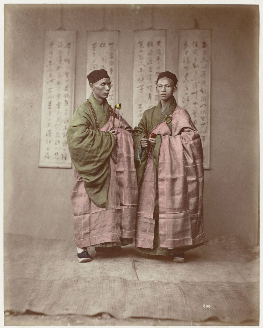 Attributed to Baron Raimund von Stillfried und Ratenitz. 'Portrait of two Chinese Buddhist monks with rosary, bell and slit drum' 1875