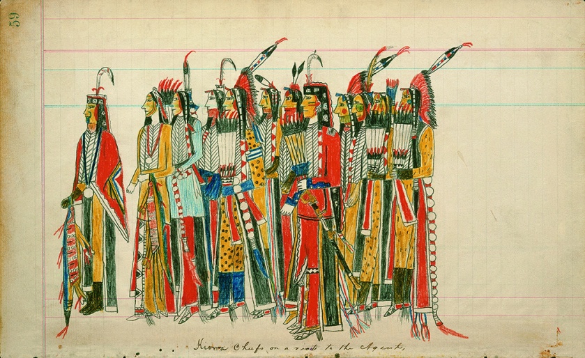 Julian Scott ledger Artist B (Ka’igwu [Kiowa]) Kiowa and Comanche Indian Reservation, Oklahoma. 'Twelve High-Ranking Kiowa Men' Nd