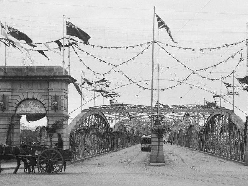 Alfred Elliott (Australian, 1870-1954) 'Victoria Bridge, decorated for the Duke of York' 1901 (detail)