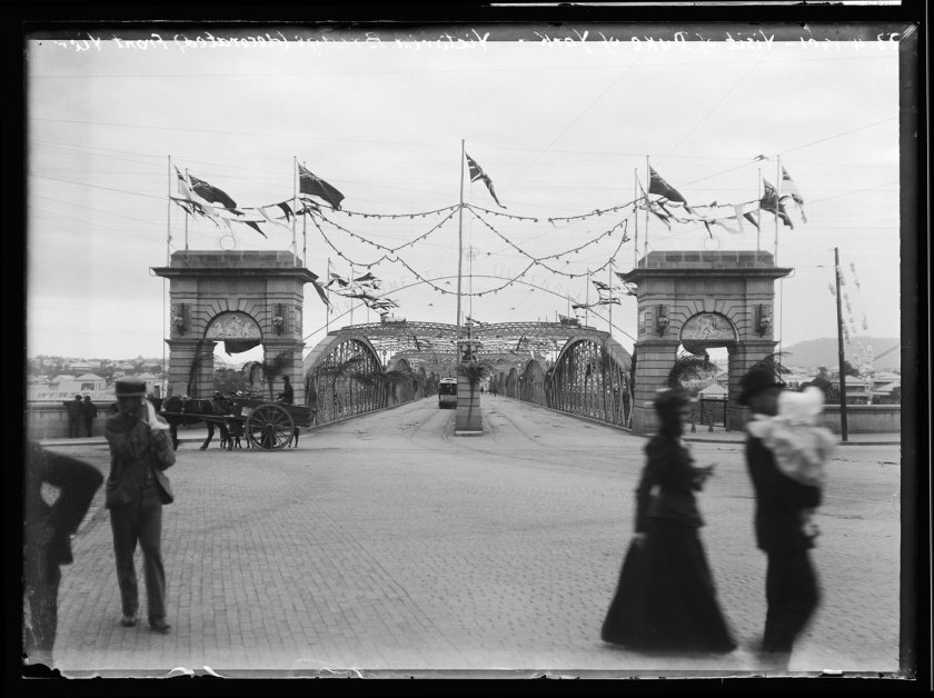 Alfred Elliott (Australian, 1870-1954) 'Victoria Bridge, decorated for the Duke of York' 1901