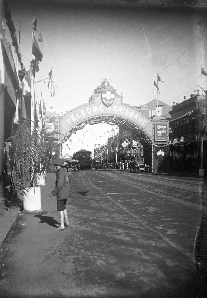 Alfred Elliott (Australian, 1870-1954) ''Welcome to Brisbane' arch, Queen Street' 1920