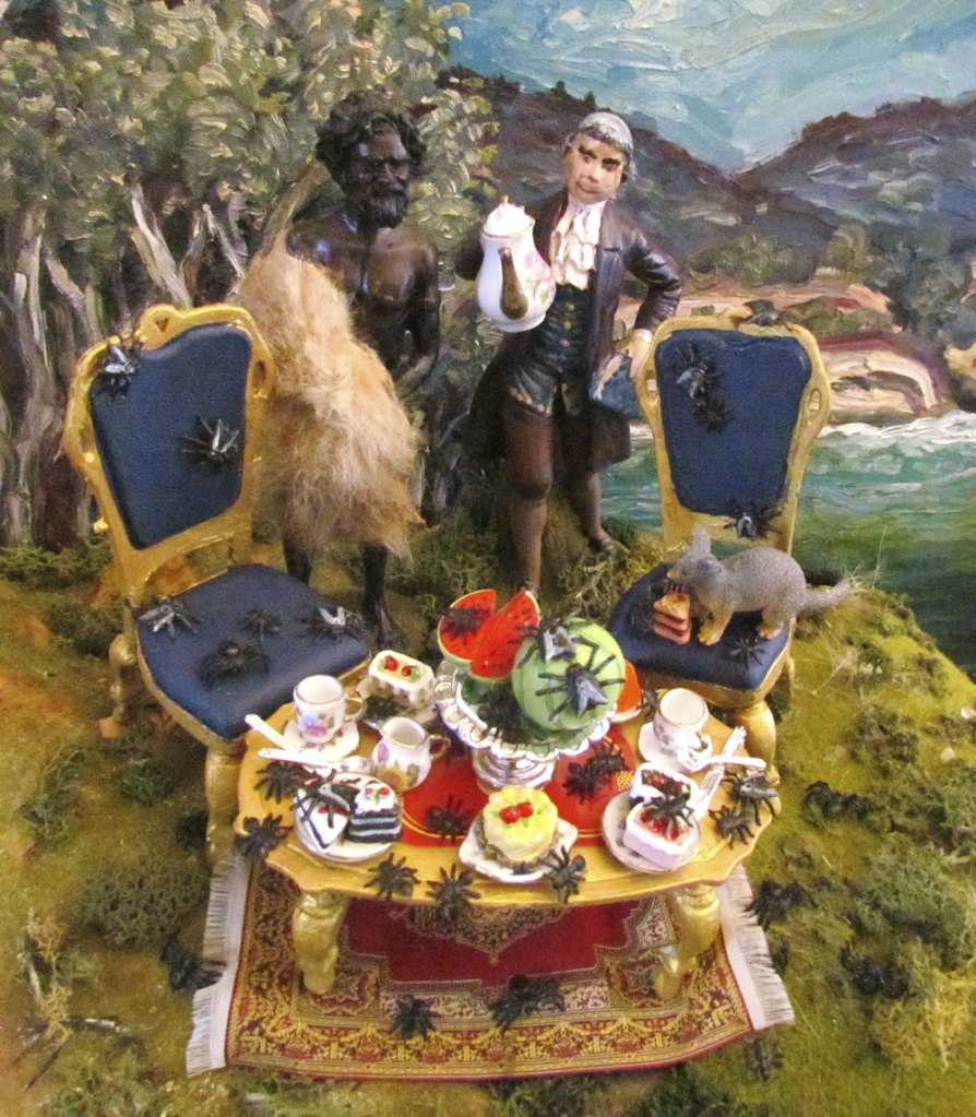 Sharon West (Australian, b. 1963) 'Joseph Banks’ tea party for a Botany Bay tribesman is ruined by flies and spiders' 2014