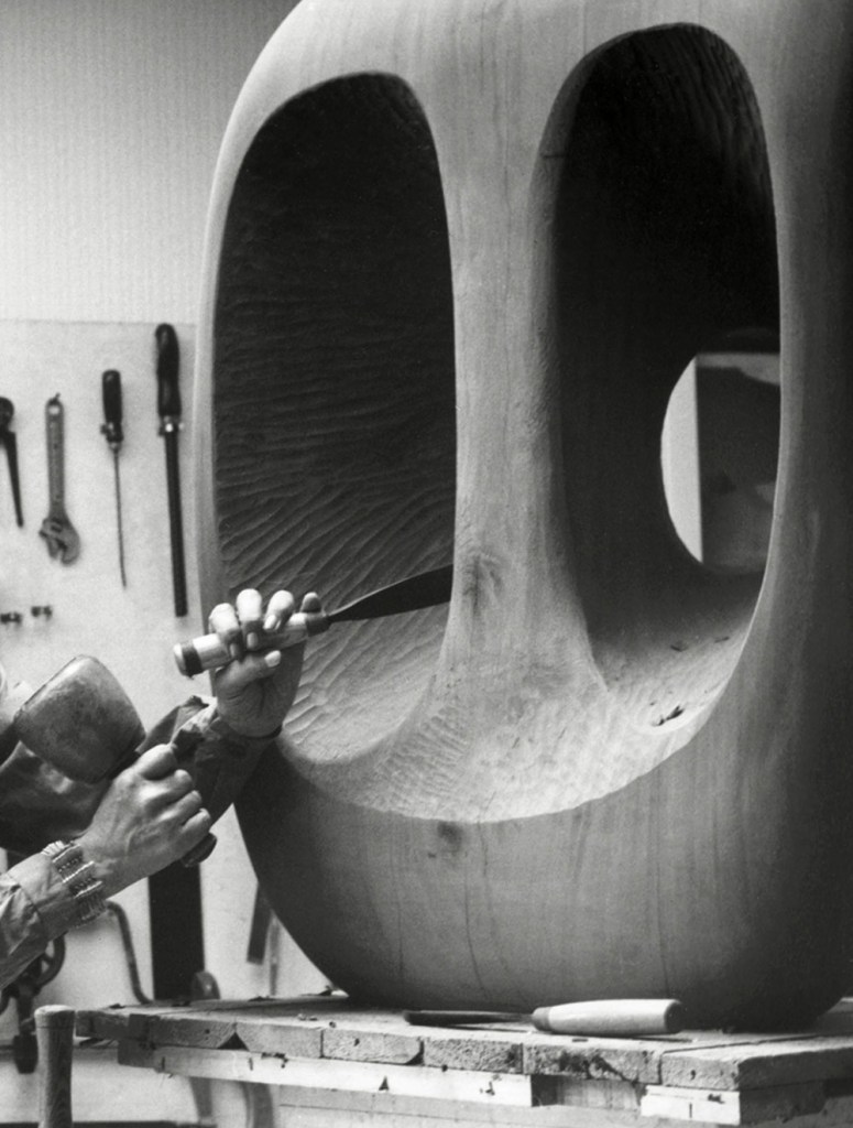 Val Wilmer (British, b. 1941) 'Barbara Hepworth in the Palais de la Danse studio, St Ives, at work on the wood carving Hollow Form with White Interior' 1963 (detail) Val Wilmer (British, b. 1941) 'Barbara Hepworth in the Palais de la Danse studio, St Ives, at work on the wood carving Hollow Form with White Interior' 1963 (detail)