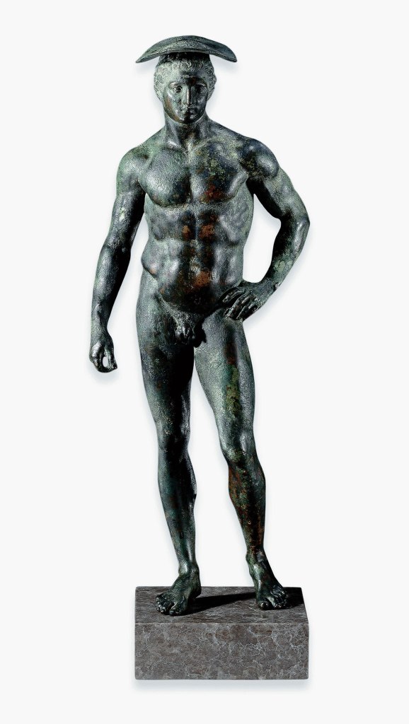 Hermes About 150 B.C. from the exhibition 'Power and Pathos: Bronze Sculpture of the Hellenistic World' at the J. Paul Getty Museum, Getty Center, Los Angeles, July - Nov, 2015