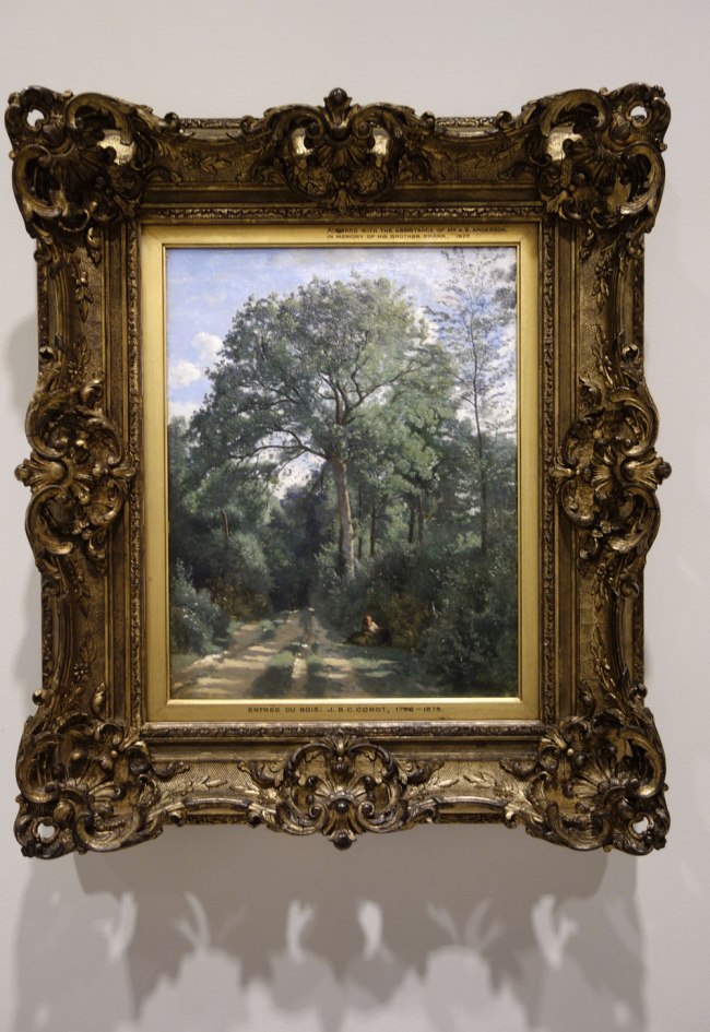 Camille Corot (France, 1796-1875) 'Ville-d'Avray: entrance to the wood' c. 1825, with later retouching (installation view) Camille Corot (France, 1796-1875) 'Ville-d'Avray: entrance to the wood' c. 1825, with later retouching (installation view)