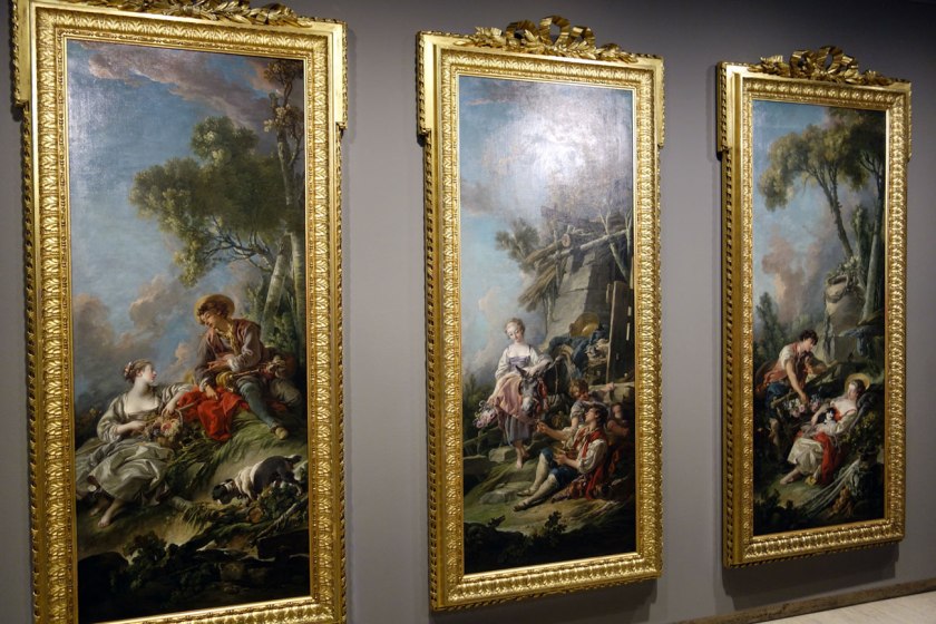 François Boucher (France, 1703-1770) Pastoral scene: l’offrande à la villageoise 1761 Pastoral scene: la jardinière endormie 1762 Pastoral scene: l’aimable pastorale 1762 (installation view)