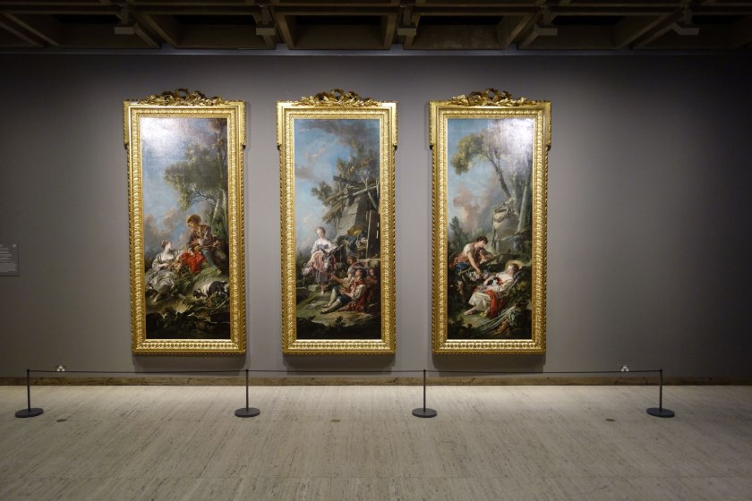 François Boucher (France, 1703-1770) Pastoral scene: l’offrande à la villageoise 1761 Pastoral scene: la jardinière endormie 1762 Pastoral scene: l’aimable pastorale 1762 (installation view)