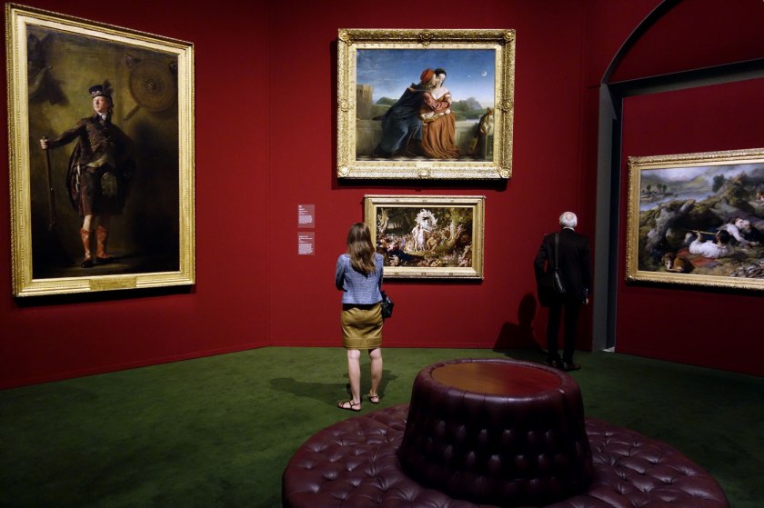 Installation view of the exhibition 'The Greats: Masterpieces from the National Galleries of Scotland' at the Art Gallery of New South Wales, Sydney showing at left, Sir Henry Raeburn's 'Colonel Alastair Ranaldson Macdonell, 15th Chief of Glengarry' (c. 1812) and at centre, William Dyce's 'Francesca da Rimini' (1837)
