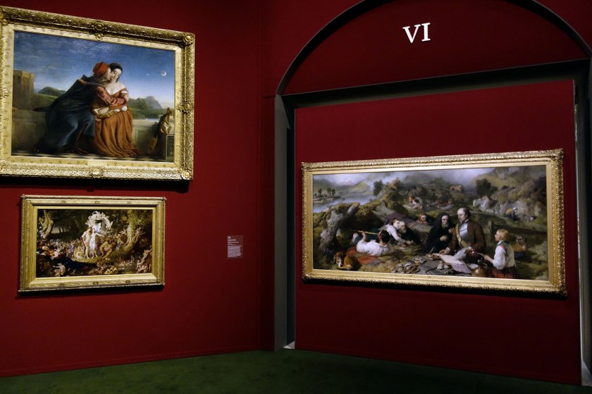 Installation view of the exhibition 'The Greats: Masterpieces from the National Galleries of Scotland' at the Art Gallery of New South Wales, Sydney showing at left, William Dyce's 'Francesca da Rimini' (1837) and at right, Sir Edwin Landseer's 'Rent-day in the wilderness' (1868)