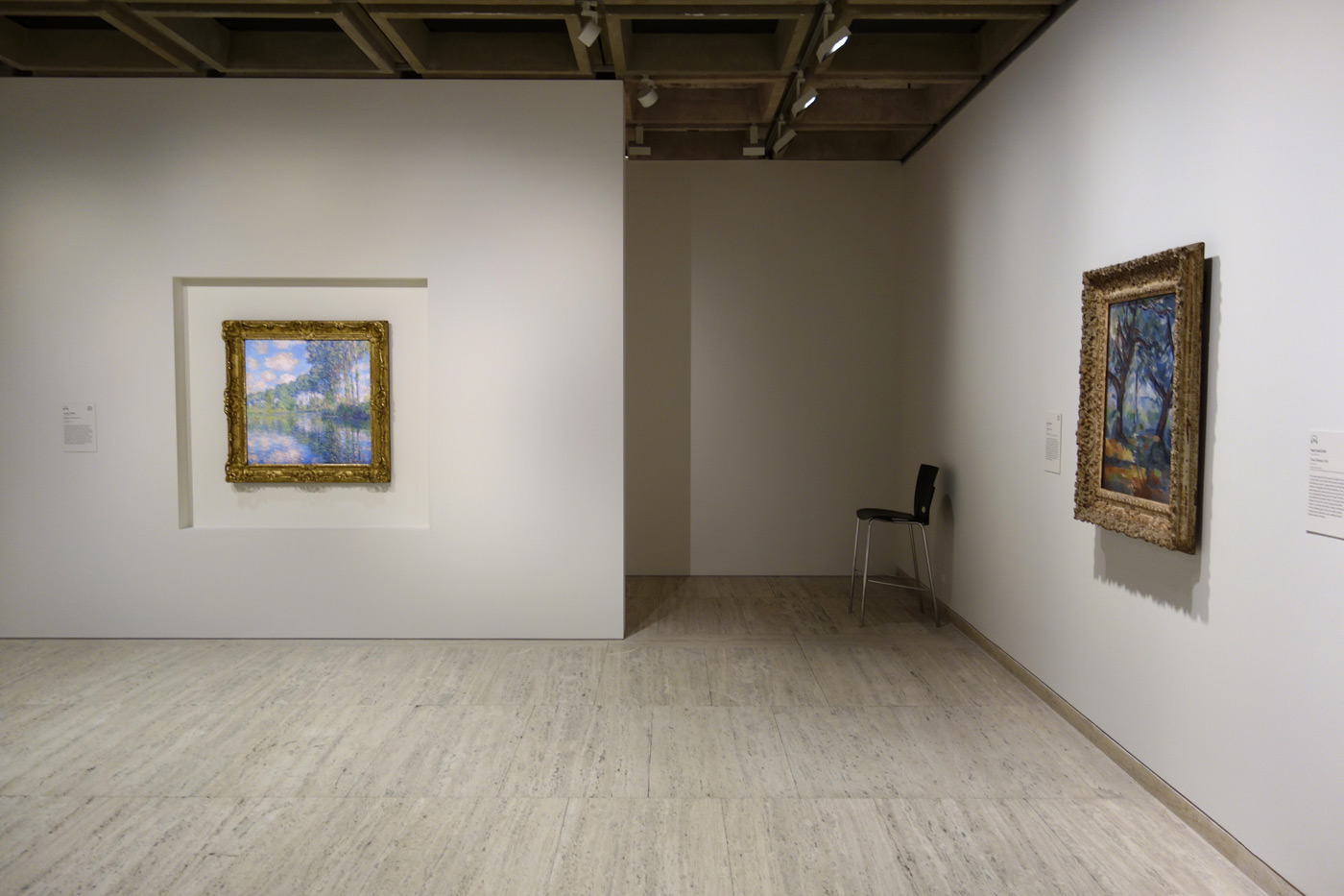 Installation view of the exhibition 'The Greats: Masterpieces from the National Galleries of Scotland' at the Art Gallery of New South Wales, Sydney showing at left, Claude Monet's 'Poplars on the Epte' (1891) and at right, Paul Cézanne's 'The big trees' (c. 1904) Installation view of the exhibition 'The Greats: Masterpieces from the National Galleries of Scotland' at the Art Gallery of New South Wales, Sydney showing at left, Claude Monet's 'Poplars on the Epte' (1891) and at right, Paul Cézanne's 'The big trees' (c. 1904)