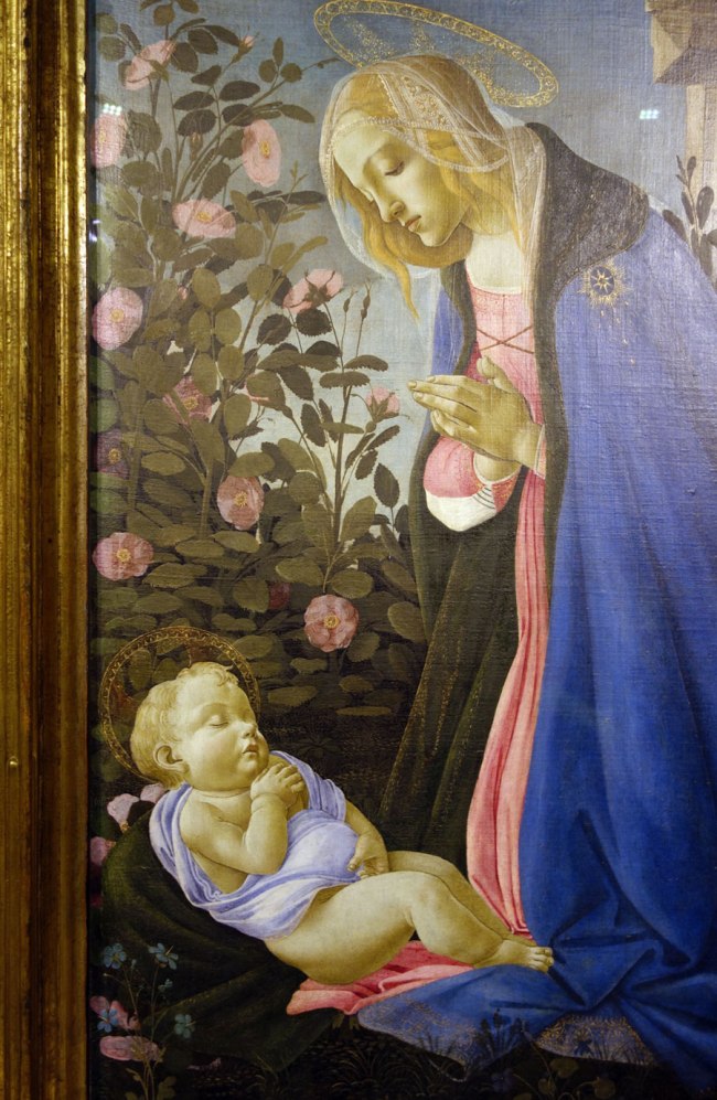 Sandro Botticelli (Italian, 1444/45-1510) 'The Virgin adoring the sleeping Christ child' ('The Wemyss Madonna') c. 1485 (installation view detail)