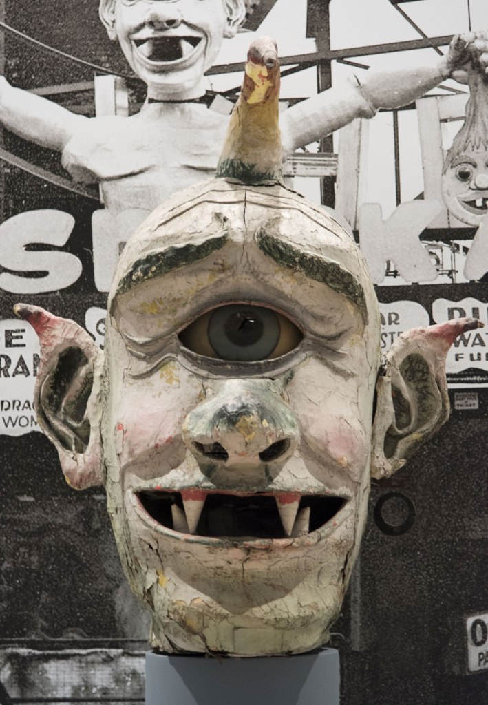 Installation of view of the exhibition 'Coney Island: Visions of an American Dreamland, 1861-2008' at the Brooklyn Museum showing 'Cyclops Head from Spook-A-Rama' c. 1955