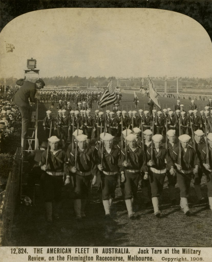The Rose Stereographs. 'Jack Tars at the Military Review, on the Flemington Racecourse, Melbourne' 1908 (detail)