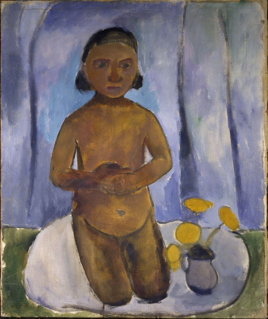 Paula Modersohn-Becker (German, 1876-1907) 'Kniender Mädchenakt vor blauem Vorhang' | 'Kneeling Nude Girl', Worpswede, 1906/1907