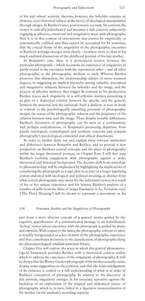 Kathrin Yacavone. "Photography and Subjectivity," in 'Benjamin, Barthes and the Singularity of Photography'. Bloomsbury Academic, 2012, pp. 123-124