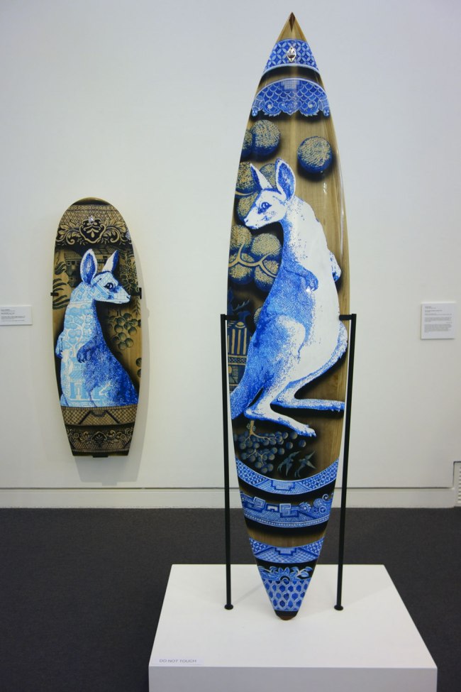 Stephen Bowers (Australian, b. 1952) Peter Walker (board maker) (Australian, b. 1961) 'Antipodean willow surfboard' 2012 'Antipodean willow surfboard (Mini Simmons)' 2012 (installation view)