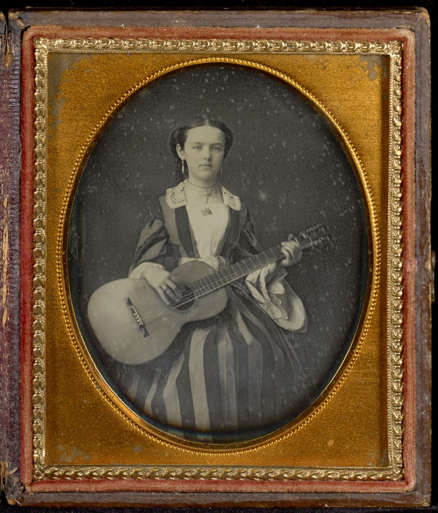 Unknown maker (American) 'Portrait of Young Girl with a Guitar' c. 1850 from the exhibition 'In Focus: Daguerreotypes' at the J. Paul Getty Museum, Getty Center, Los Angeles, Nov 2015 - March 2016