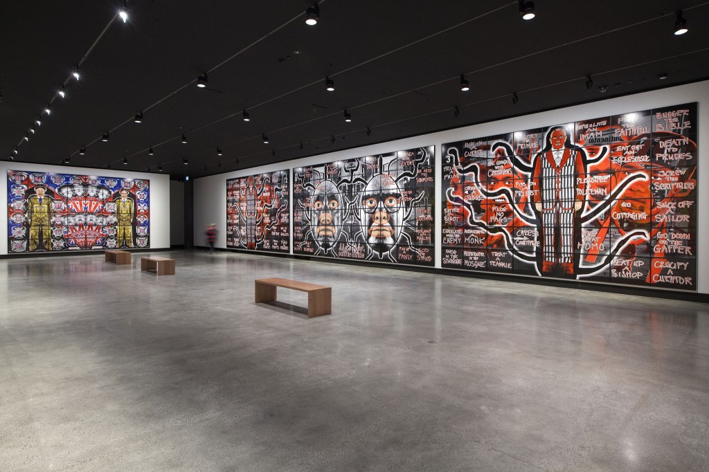 Installation view of the exhibition ‘Gilbert & George: The Art Exhibition’ at the Museum of Old and New Art, Hobart