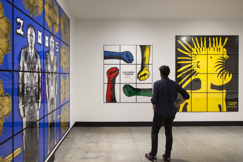 Installation view of the exhibition ‘Gilbert & George: The Art Exhibition’ at the Museum of Old and New Art, Hobart