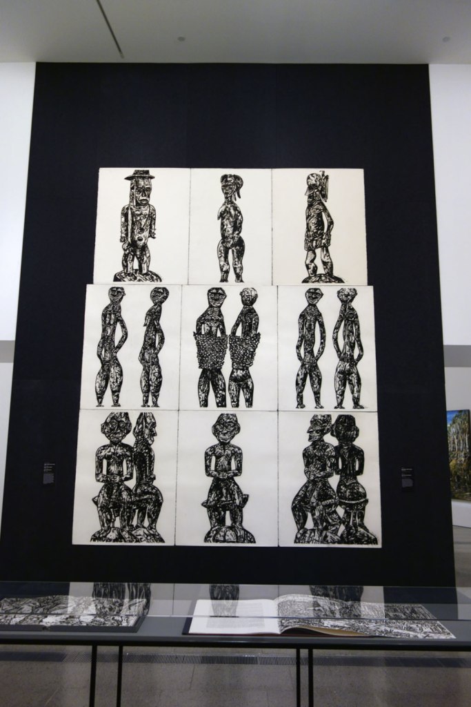 Jan Senbergs. Installation view of 'New Guinea sheilas triptych' (centre row) and 'New Guinea male triptych' (bottom row) both 1993