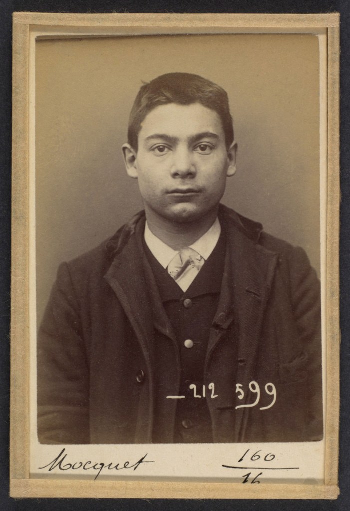 Alphonse Bertillon (French, 1853-1914) 'Mocquet. Georges, Gustave. 17 ans, né le 17/5/76 Paris IXe. Tapissier. Anarchiste. 6/1/94' 1894