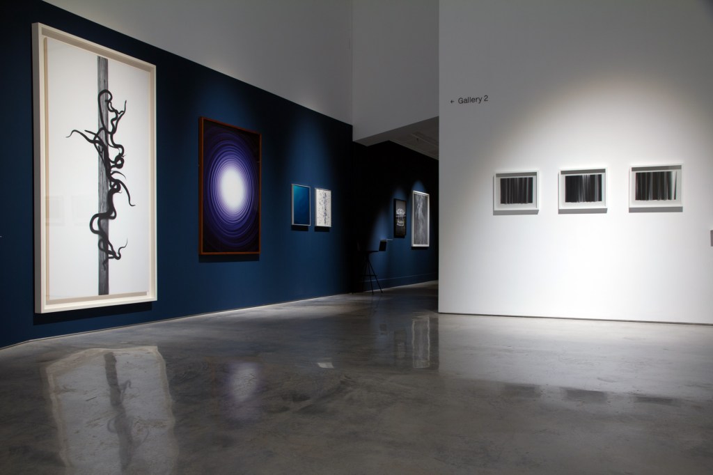 Installation view of the exhibition Emanations: The Art of the Cameraless Photograph at the Govett-Brewster Art Gallery with, at left, Adam Fuss and, at right, Lisa Clunie