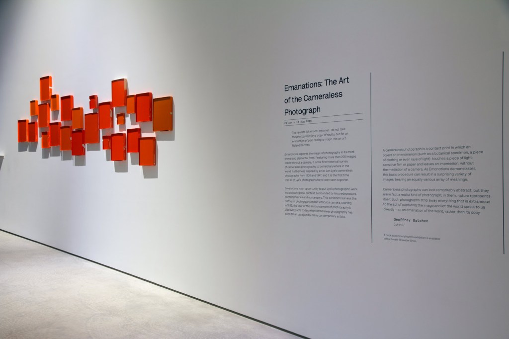 Installation view of Shaun Waugh (New Zealand) 'ΔE2000 1.1' 2014 part of the exhibition of the exhibition 'Emanations: The Art of the Cameraless Photograph' at the Govett-Brewster Art Gallery