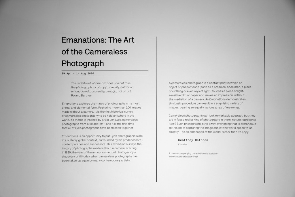 Wall text from the exhibition 'Emanations: The Art of the Cameraless Photograph' at the Govett-Brewster Art Gallery