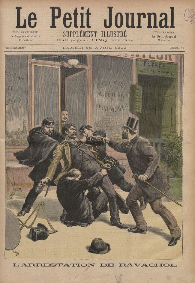 Cover page of "Le Petit Journal" illustrating the arrest of French anarchist and assassin Ravachol