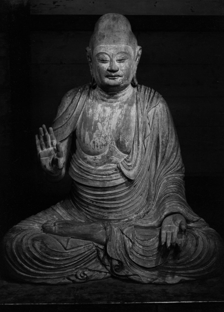 Ken Domon (Japanese, 1909-1990) 'Buddha Shaka ligneo a figura intera presso il Mirokudō del Murōji [Buddha Shaka wooden full-length at the Mirokudō Muroji]' c. 1943