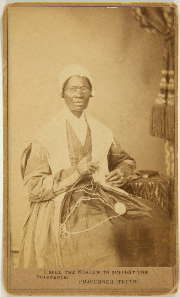 Unknown photographer. 'Captioned carte de visite of Sojourner Truth' (front) 1864 from the exhibition 'Sojourner Truth, Photography, and the Fight Against Slavery' at The University of California, Berkeley Art Museum and Pacific Film Archive (BAMPFA), Berkeley, July - Oct, 2016